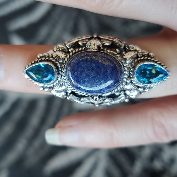 New Lapis Lazuli & Blue Topaz 925 Silver Butterflies Statement Ring. - Picture 2 of 14